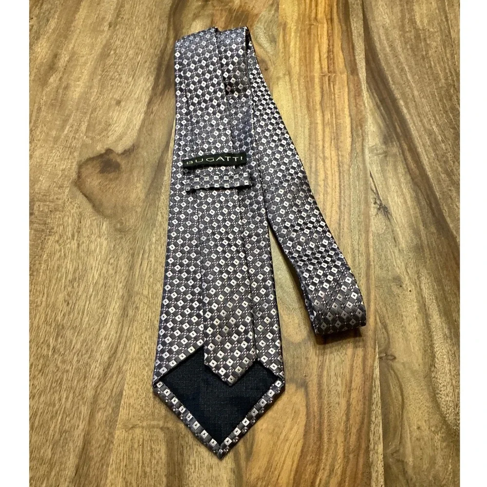 Bugatti Silk Tie Mens Gray Geometric Pattern Necktie Business Casual Wedding‎